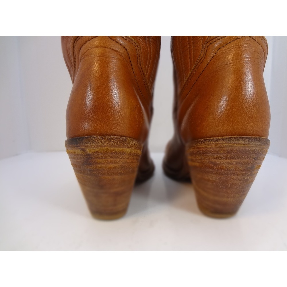 Frye Western Cowboy Boots Womens 7.5B Tan Leather Good Vintage Stacked Heel USA - Picture 3 of 9